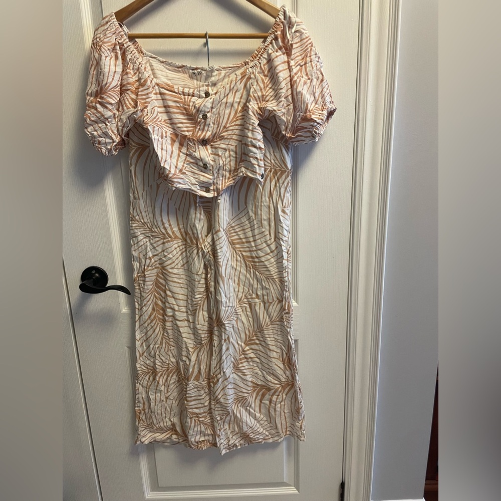Roxy Tan and White Leaf Print Maxi Dress